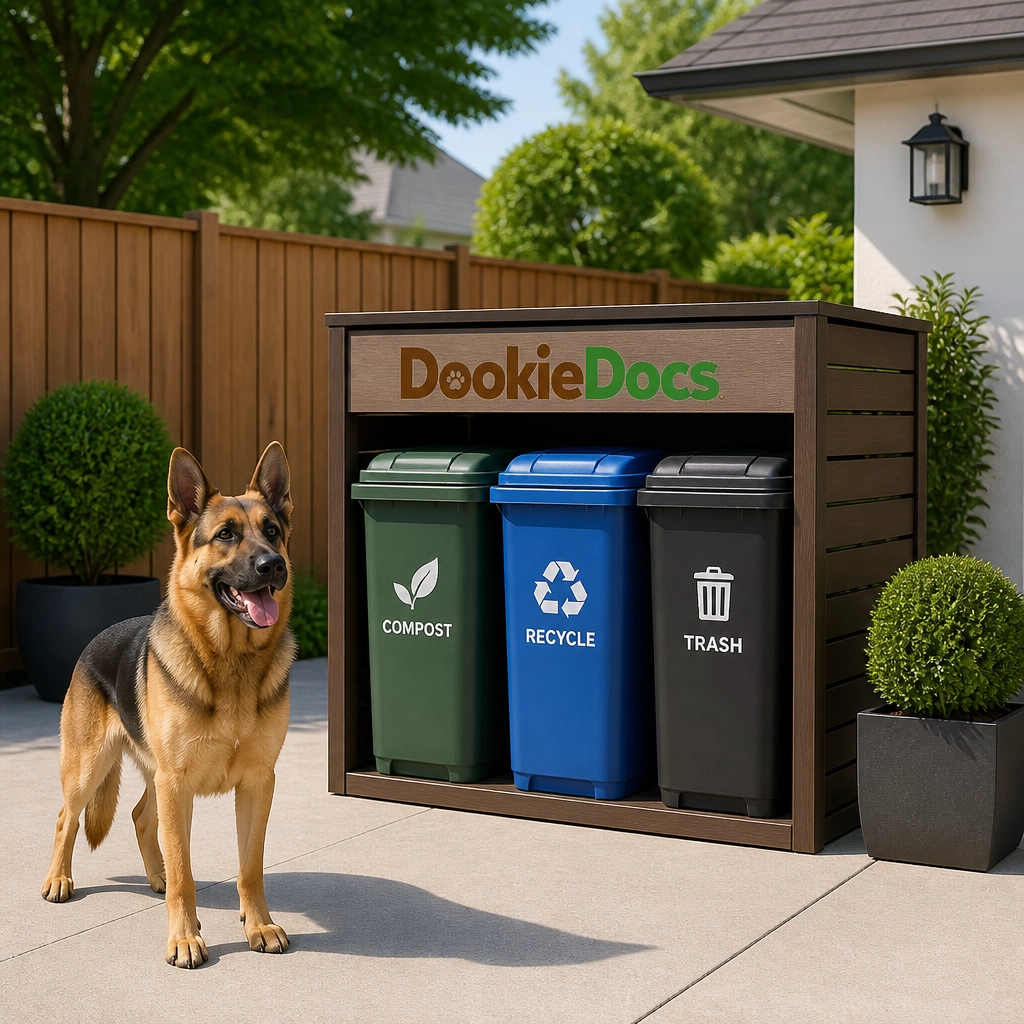 A German Shepherd near a clean trash bin area