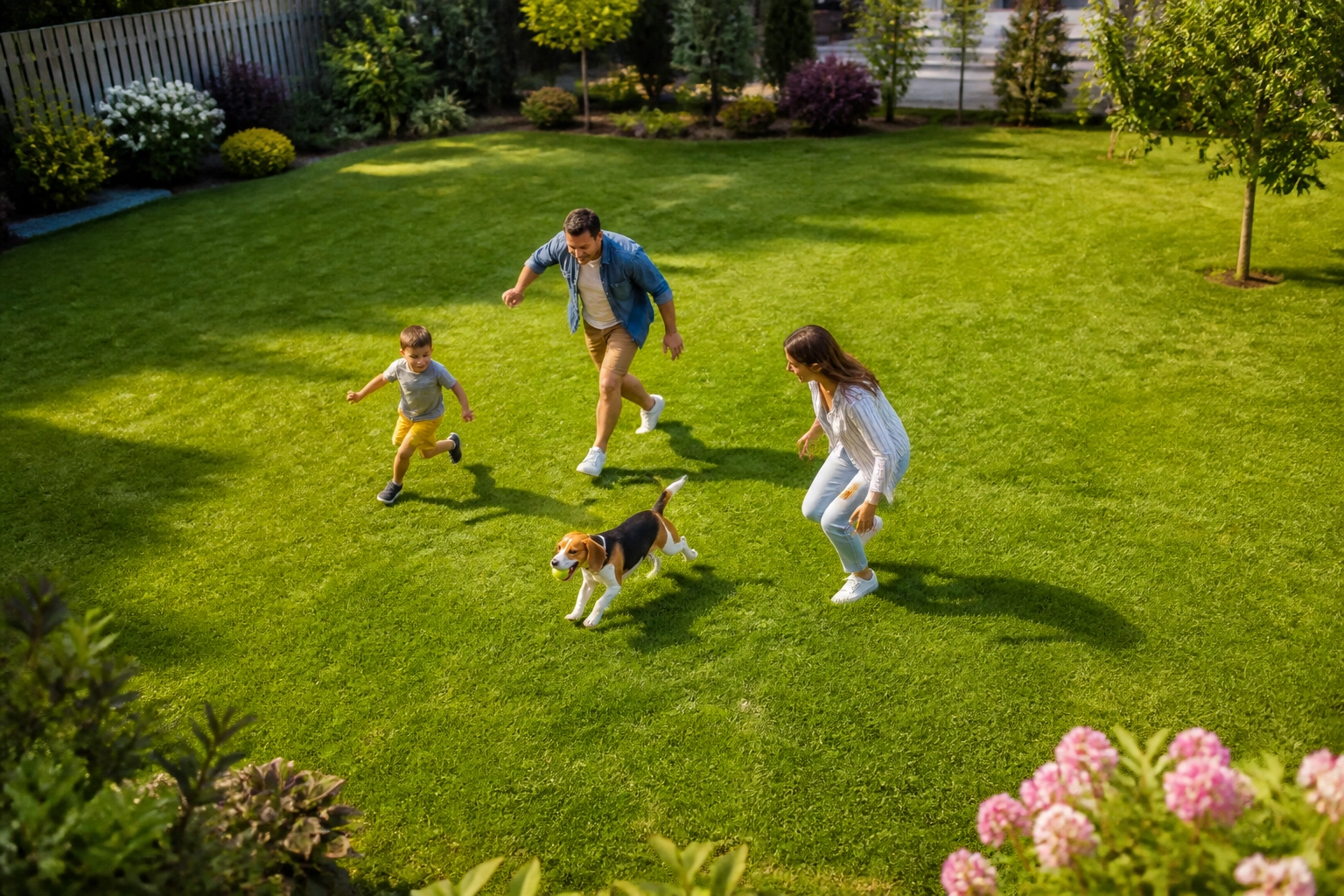 A family playing with their dog in a clean yard