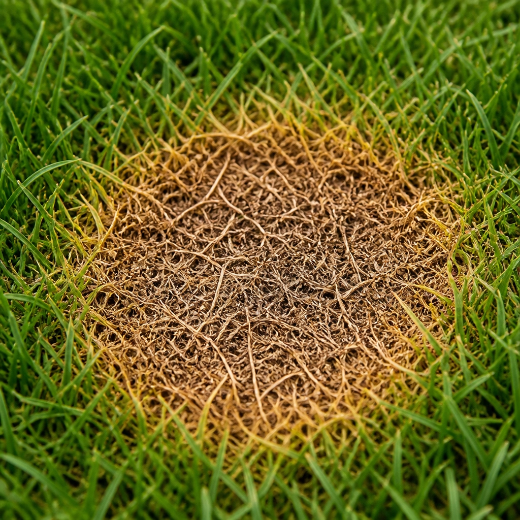 A close-up macro shot of a brown, dead patch of grass with yellowed edges showing the nitrogen burn effect.