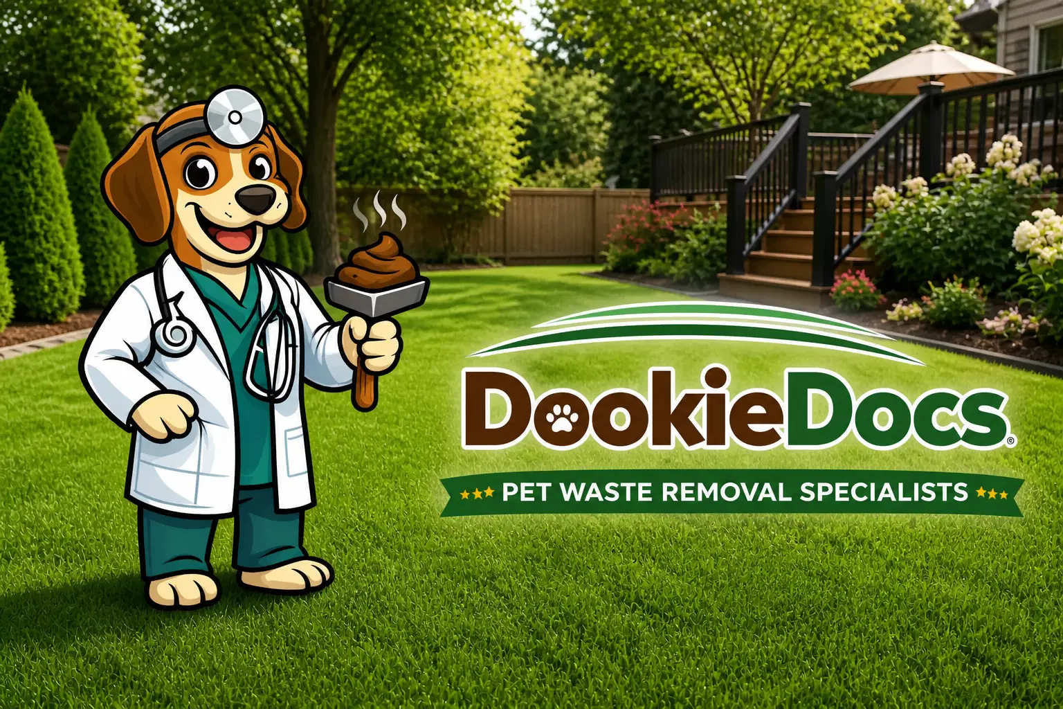 The DookieDocs mascot holding a scooper in a clean, green residential backyard.