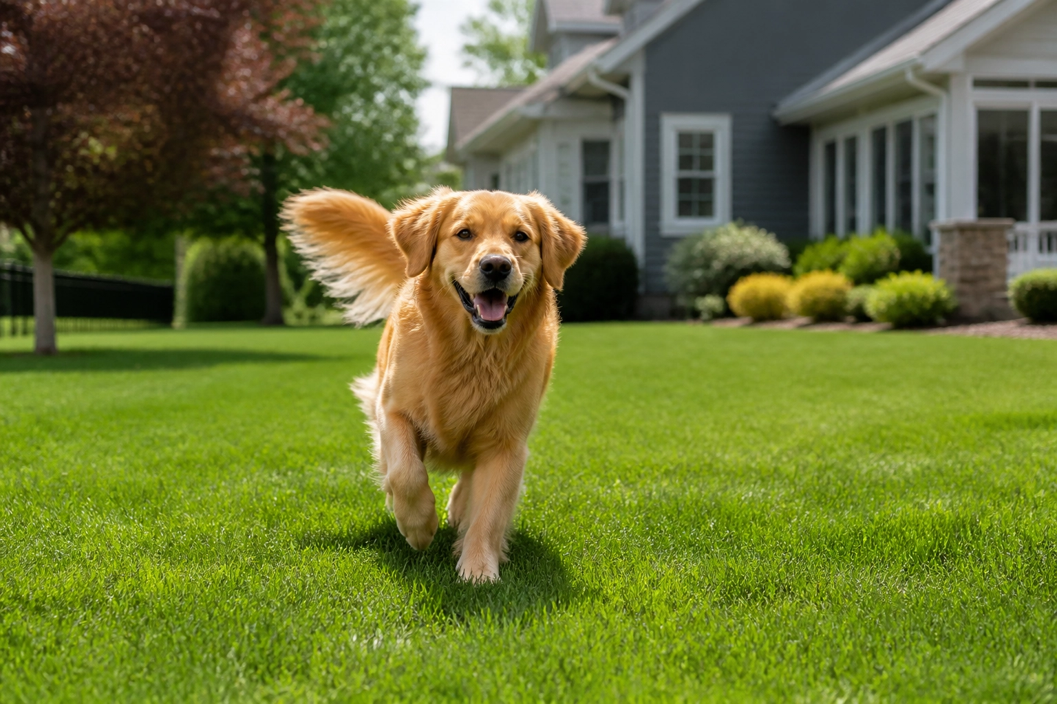 A happy Golden Retriever running across a perfectly green, clean residential backyard.