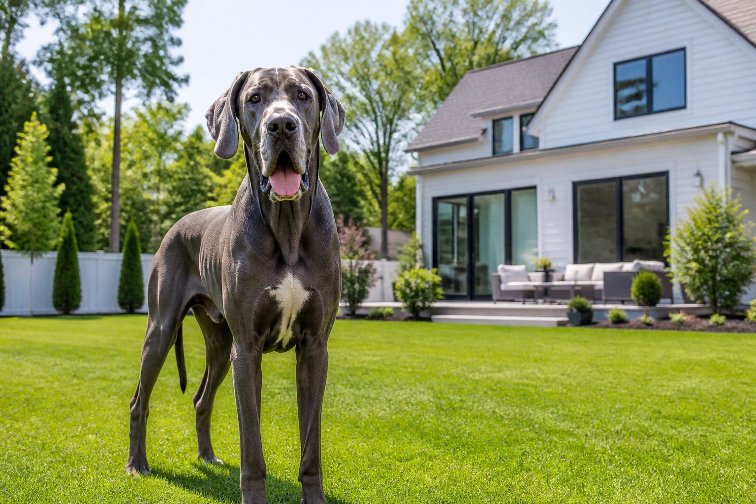 Great Dane in pristine yard