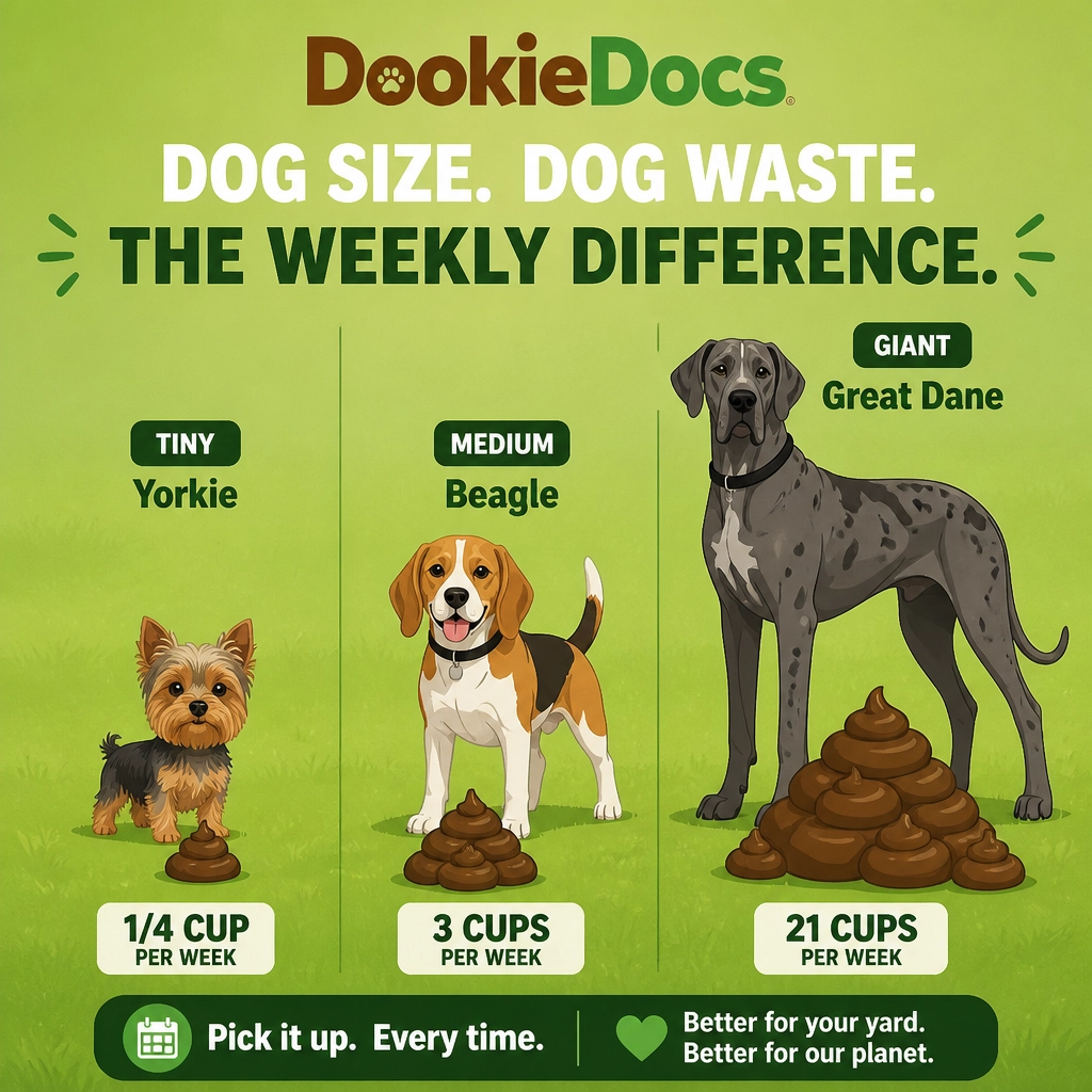 An infographic comparing waste volume by dog size, from small breeds to giants.