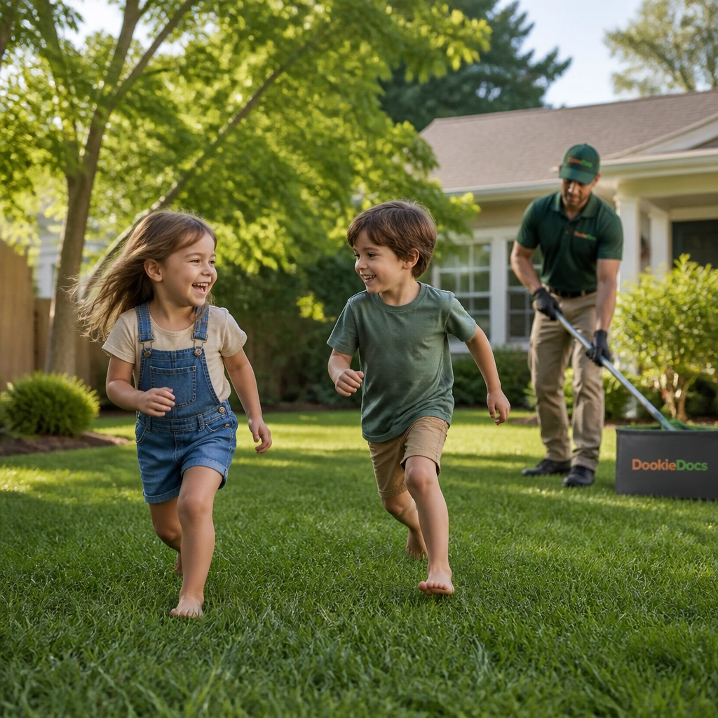 Two young children playing safely on a clean, waste-free lawn.