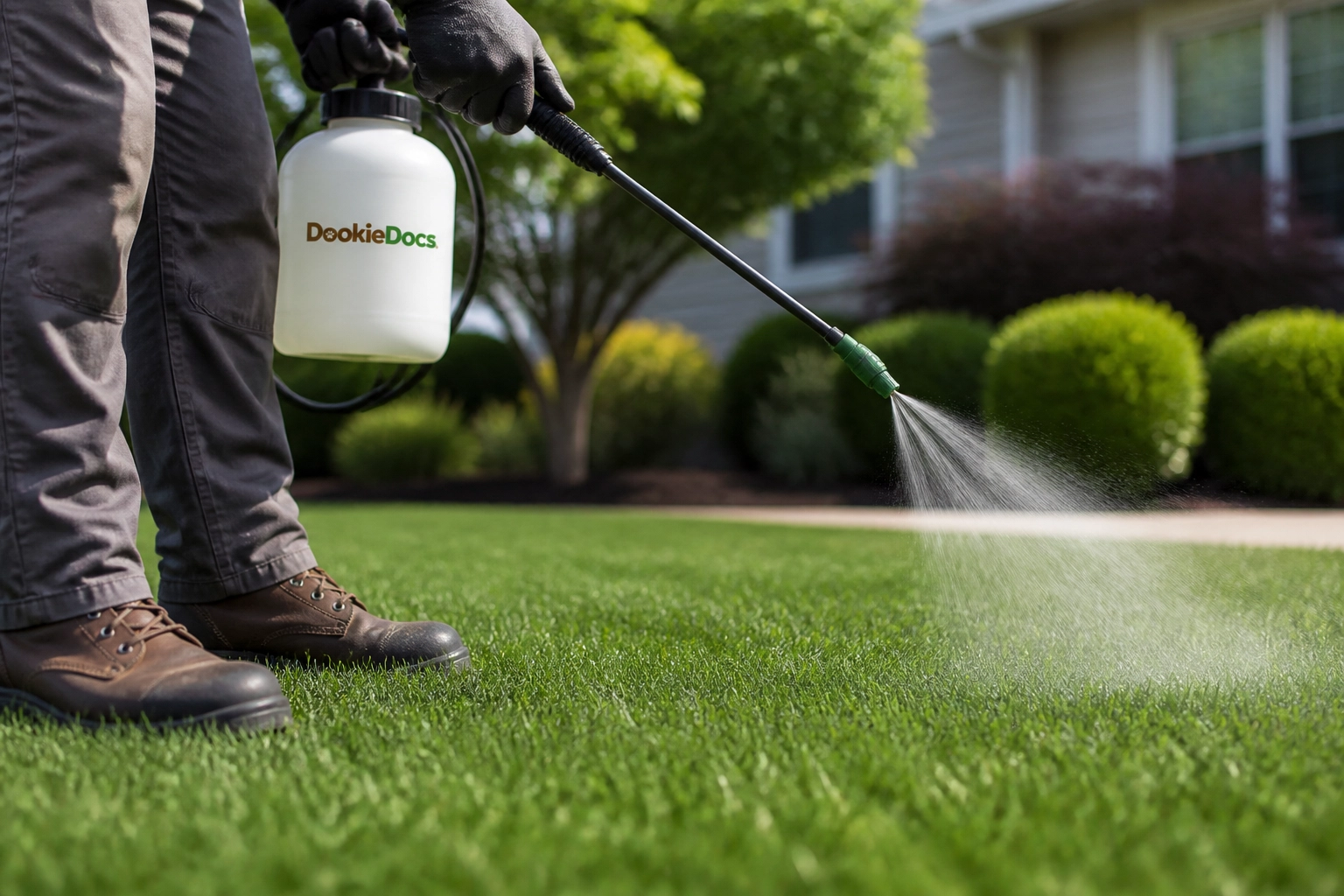 Professional yard technician applying sanitizer to grass