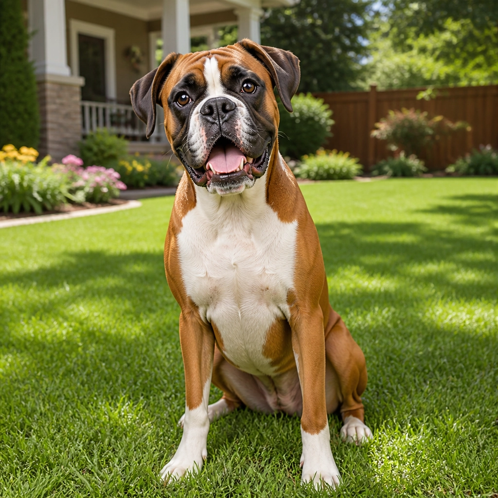 A healthy and happy Boxer dog sitting in a clean yard