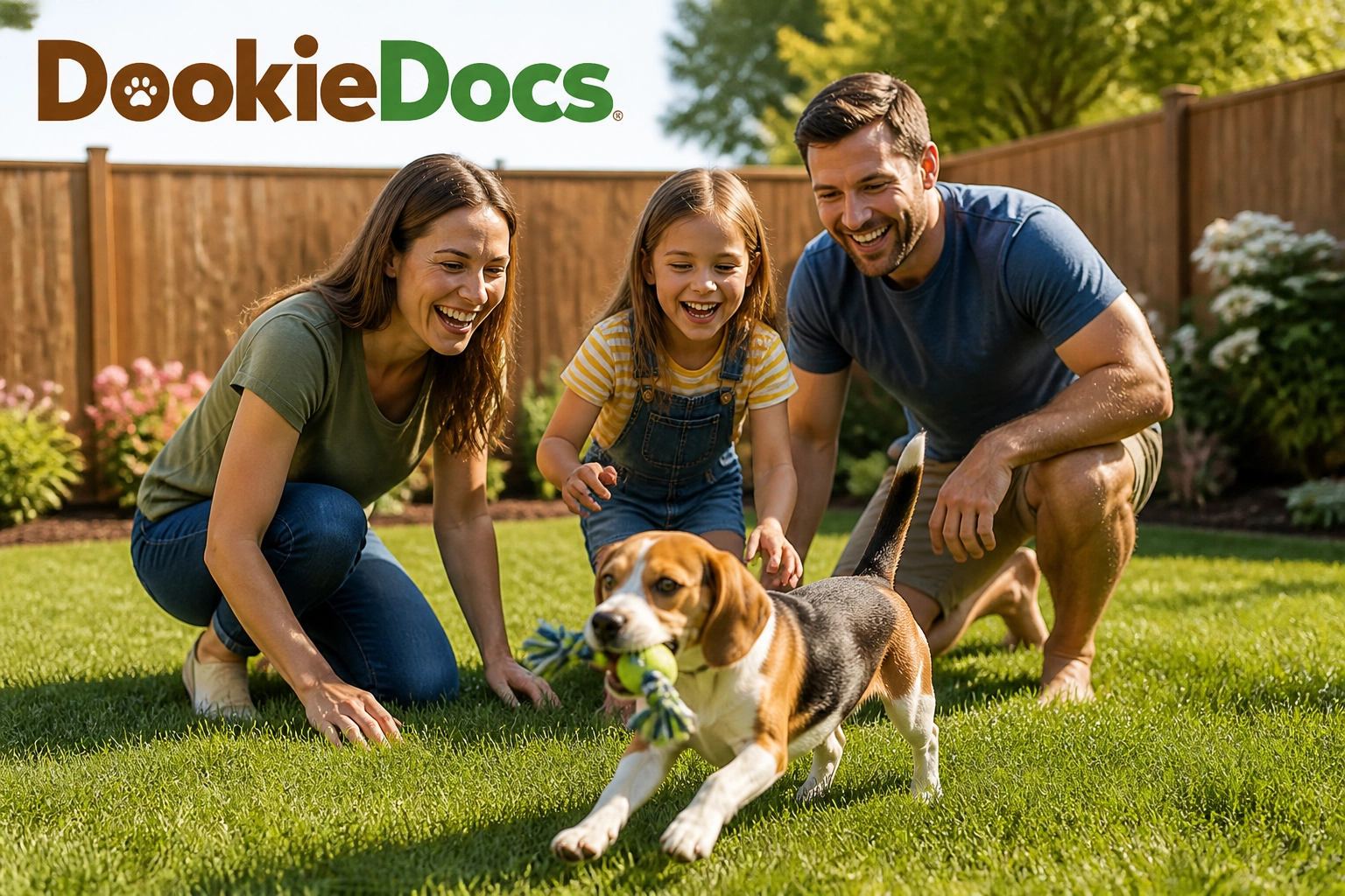Family playing with a Beagle in a safe, clean yard