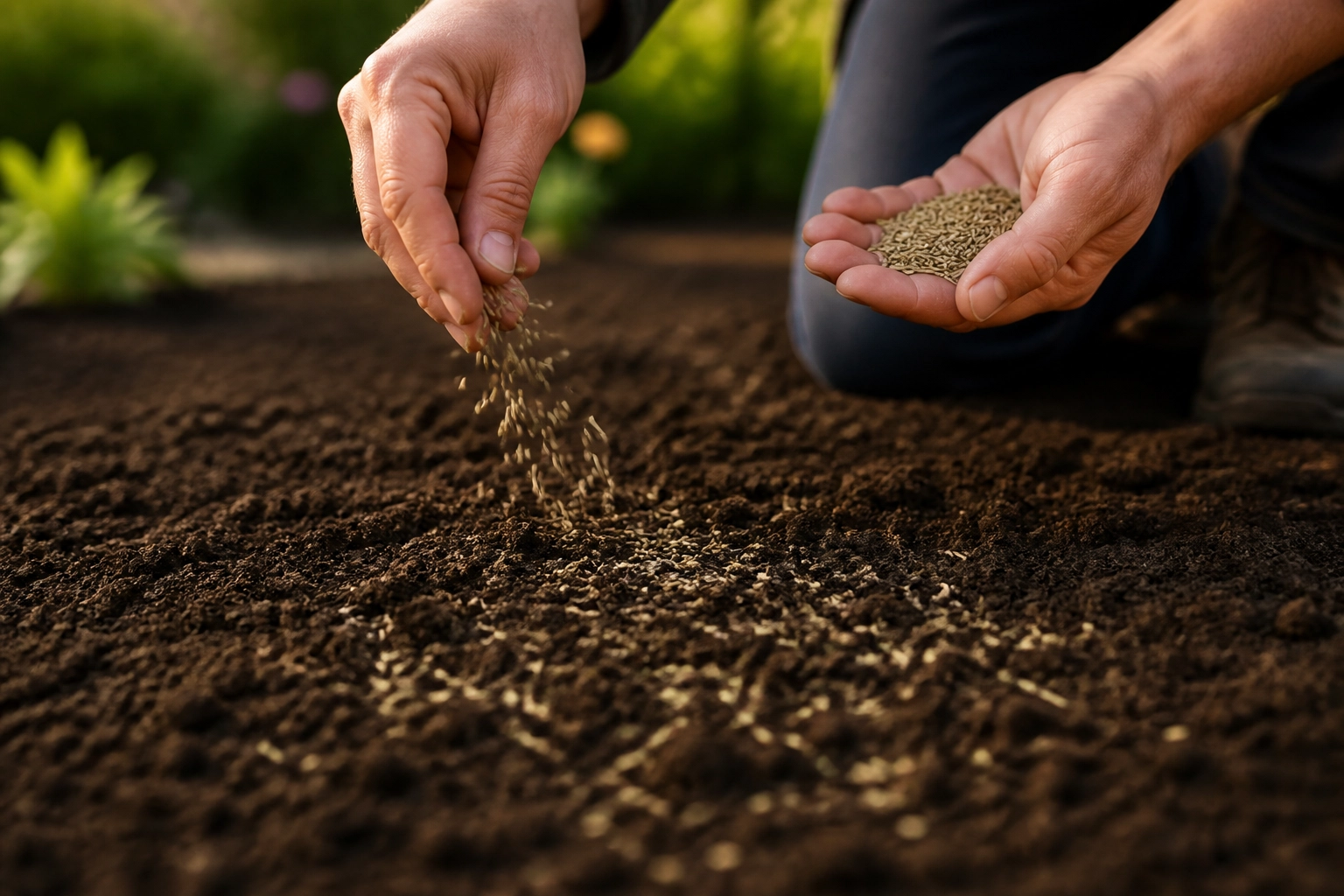 Spreading fresh grass seed over dark soil