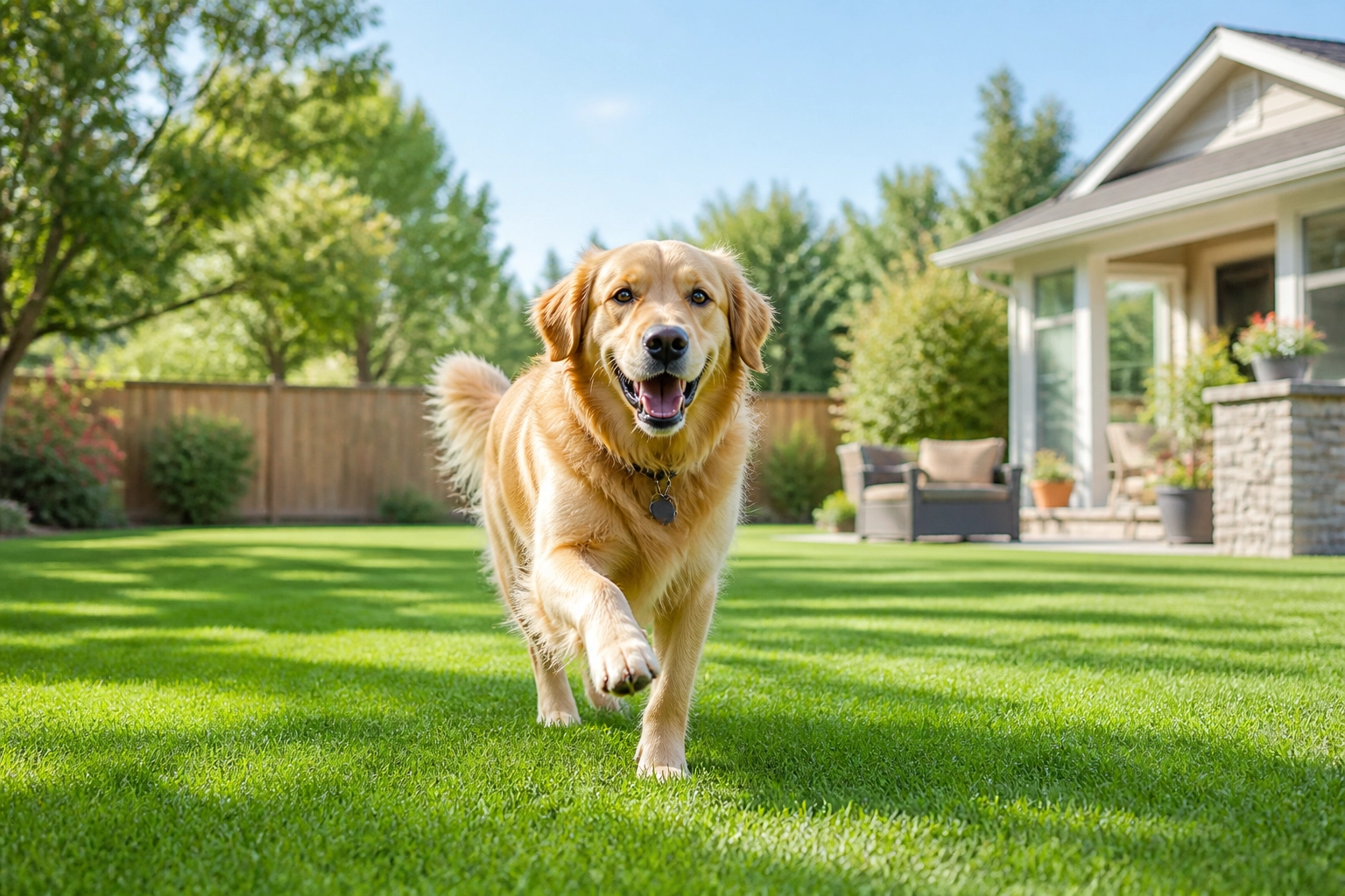 Happy dog running on a clean lawn
