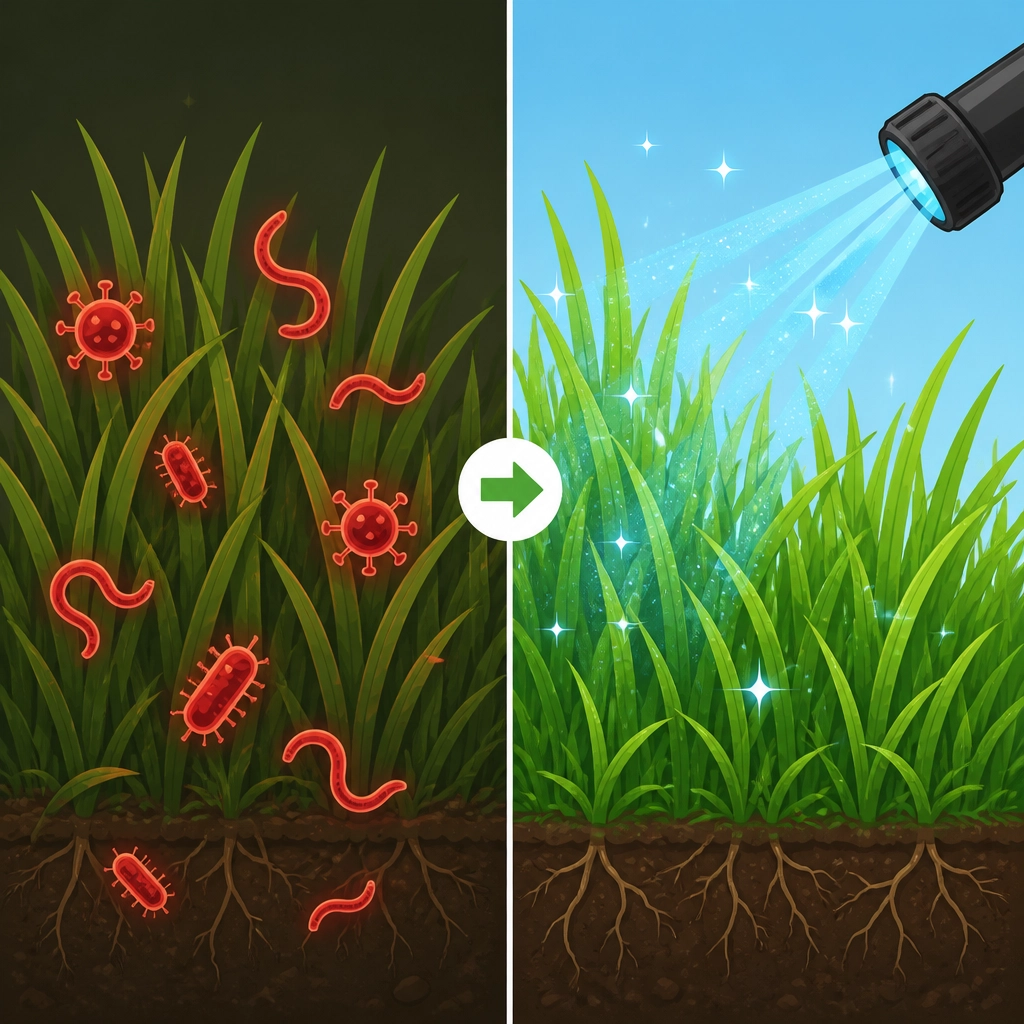 Illustration of bacteria vs clean grass after sanitizing