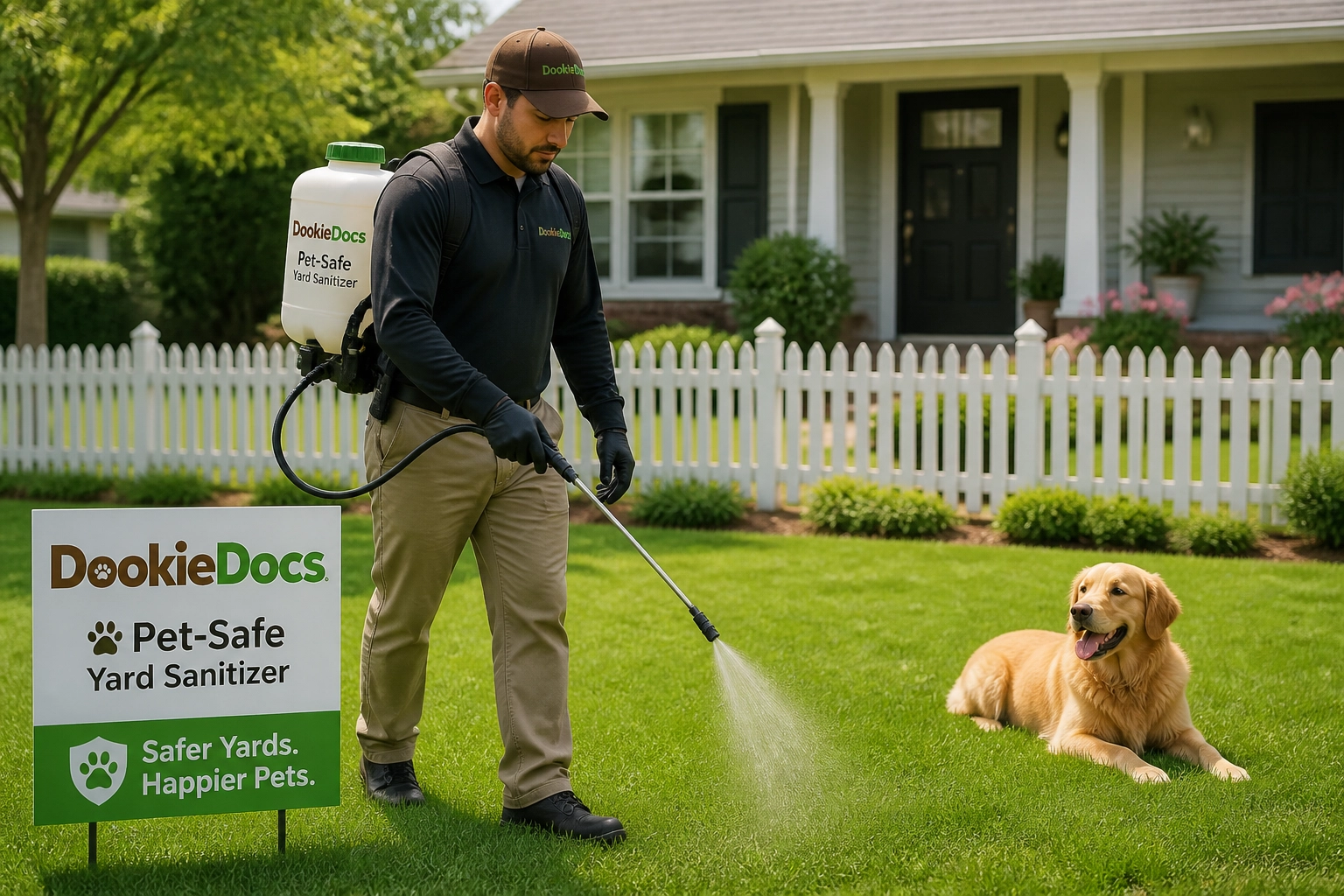A professional technician applying pet-safe yard sanitizer