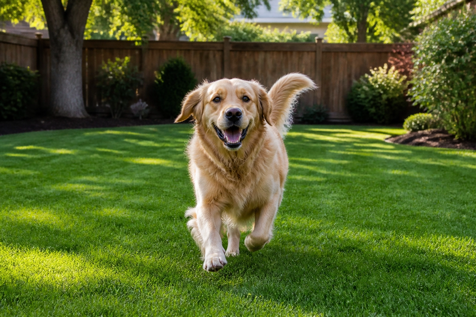 Happy dog on a clean lawn