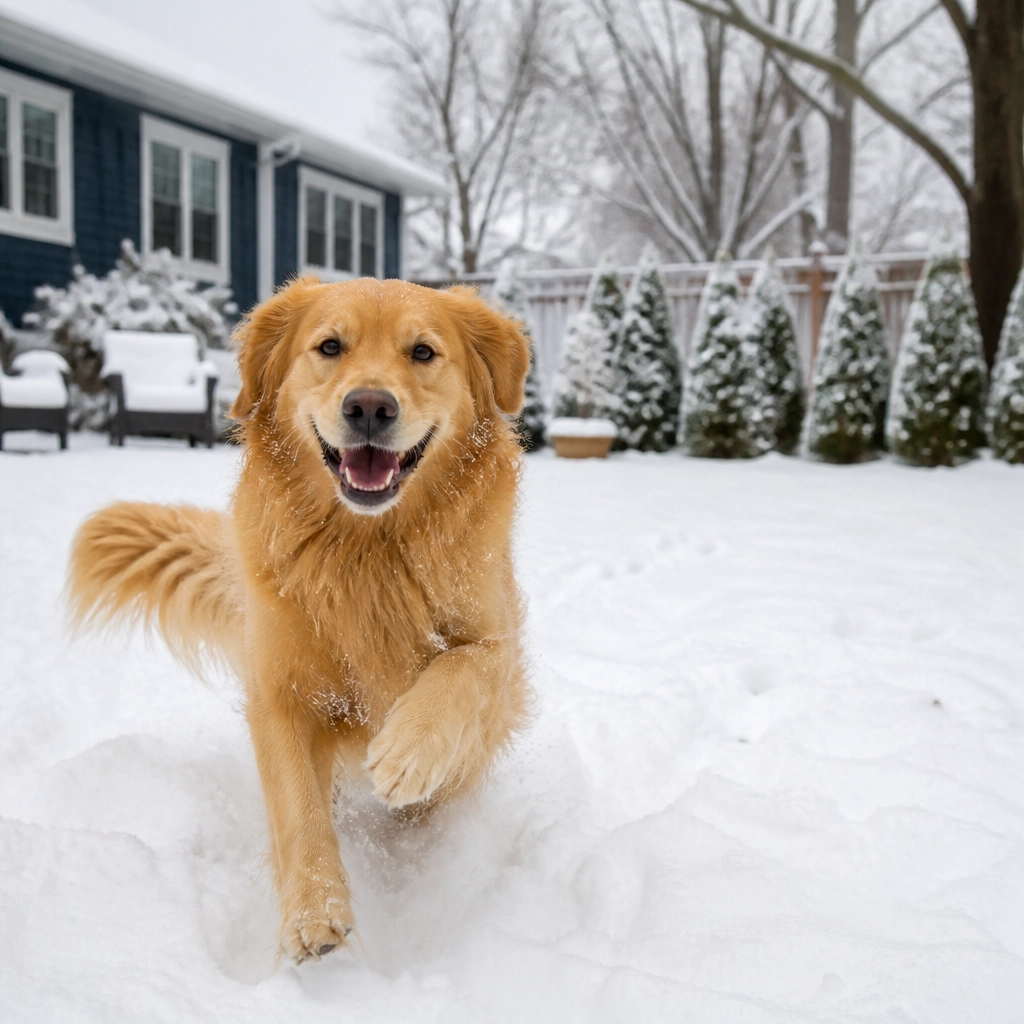 Happy dog in a clean snowy yard