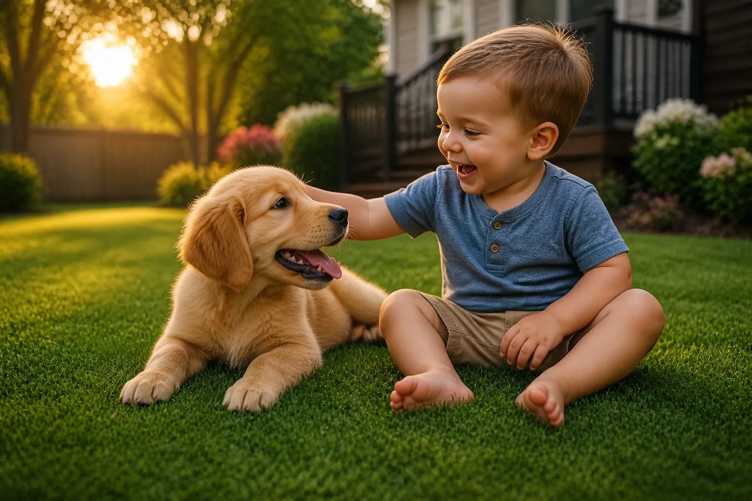 A happy toddler and puppy playing on a clean, safe lawn