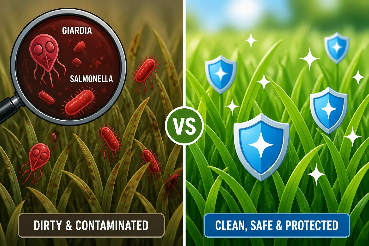 A conceptual illustration showing the difference between bacteria-laden grass and sanitized, safe grass.