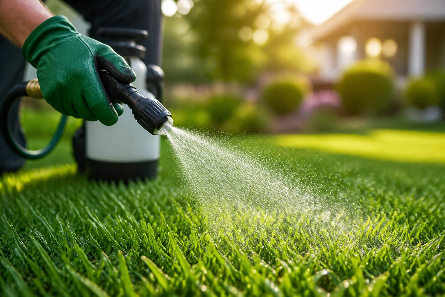 A professional applying a pet-safe sanitizing solution to a residential lawn.