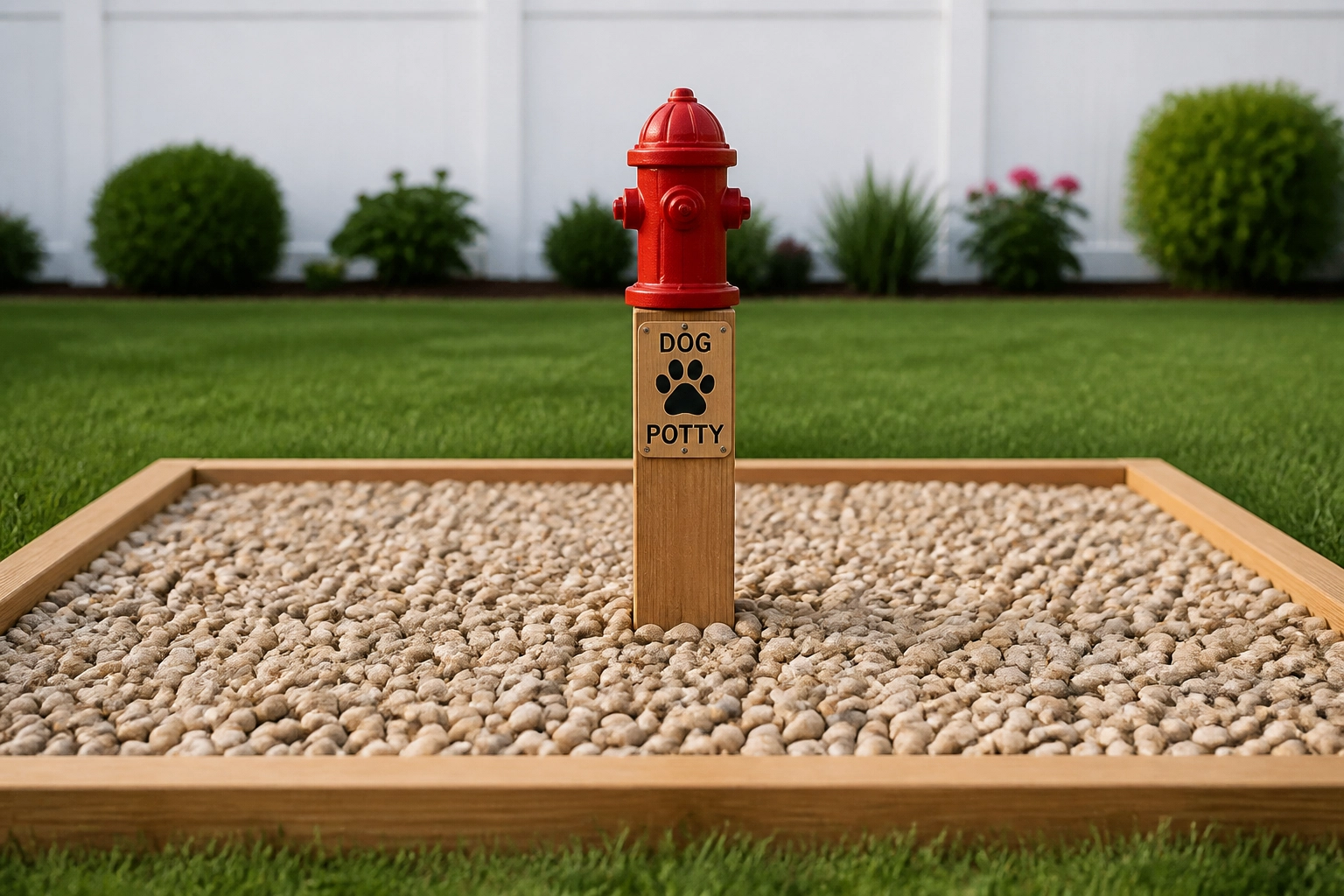 A designated dog potty area with pea gravel and a cedar border