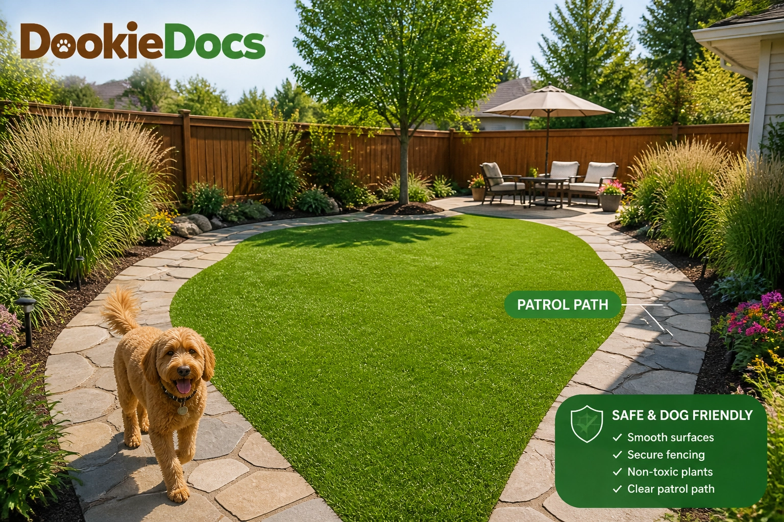 A backyard featuring a flagstone patrol path for dogs