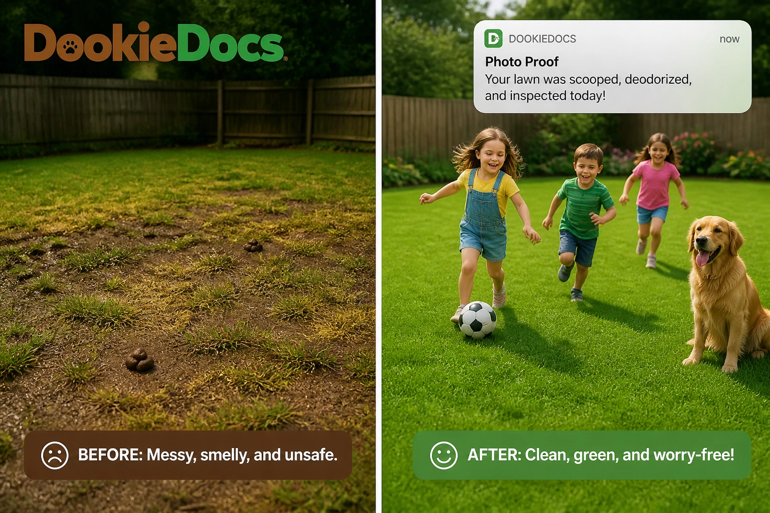 Comparison of a dirty lawn versus a clean, DookieDocs maintained lawn