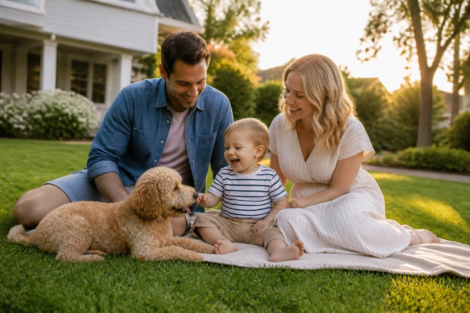 A happy family with a toddler and a small dog playing safely on a clean, sunlit lawn.